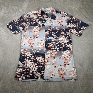 7 Diamonds Shirt Mens Large Blue Cherry Blossom Asian Short Sleeve Button Up